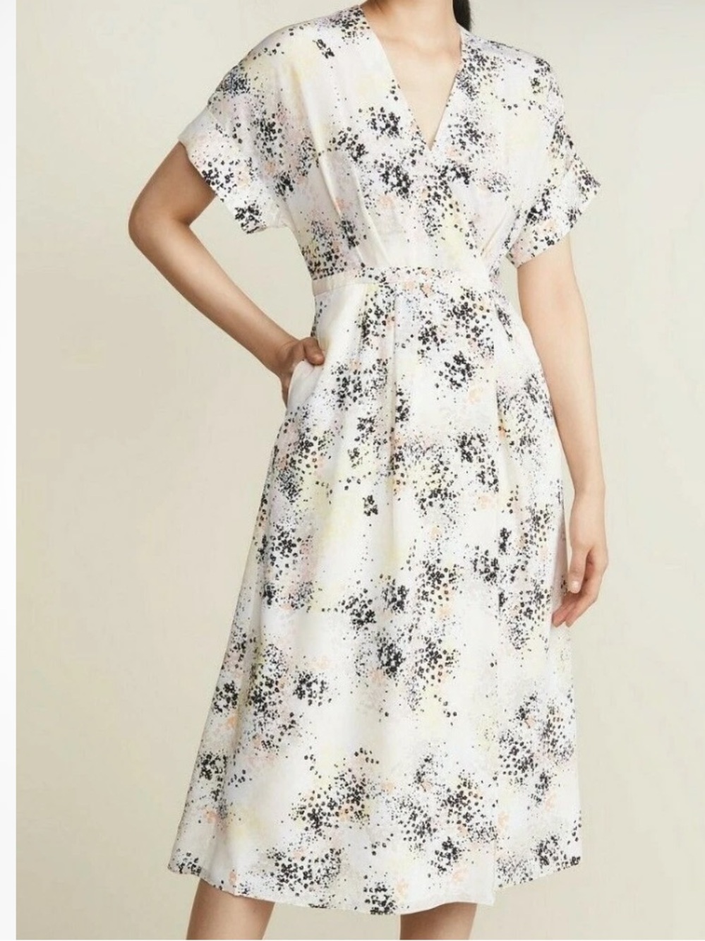 EQUIPMENT TAVINE SILK KIMONO SLEEVES WRAP MIDI DRESS PRINT ECRU 00